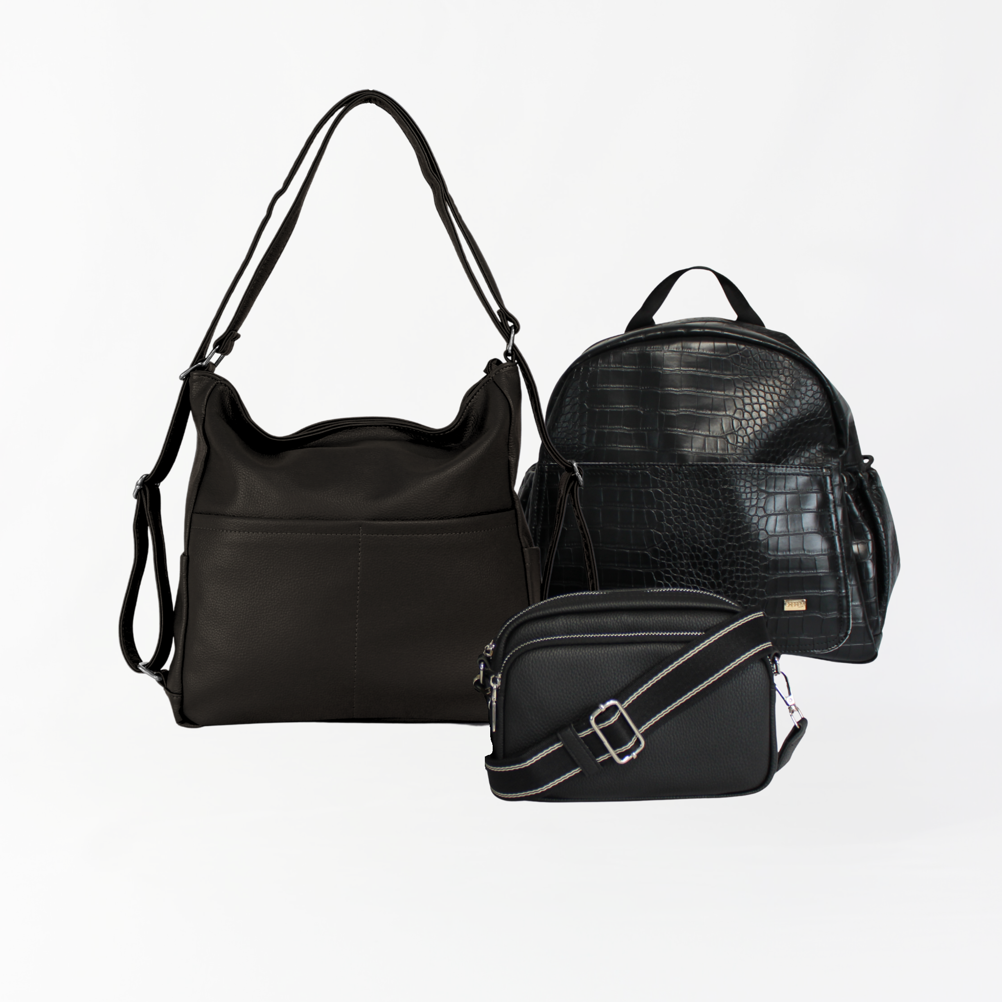 Remmii Nappy Bags in Black, Angle View, Showing All Styles