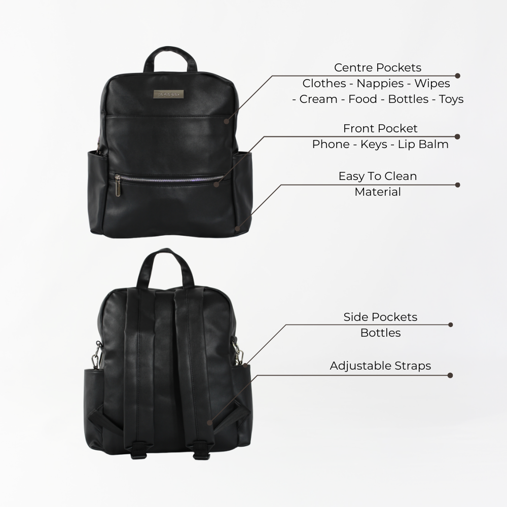 Remmii Carter Nappy Backpack in Black, features view
