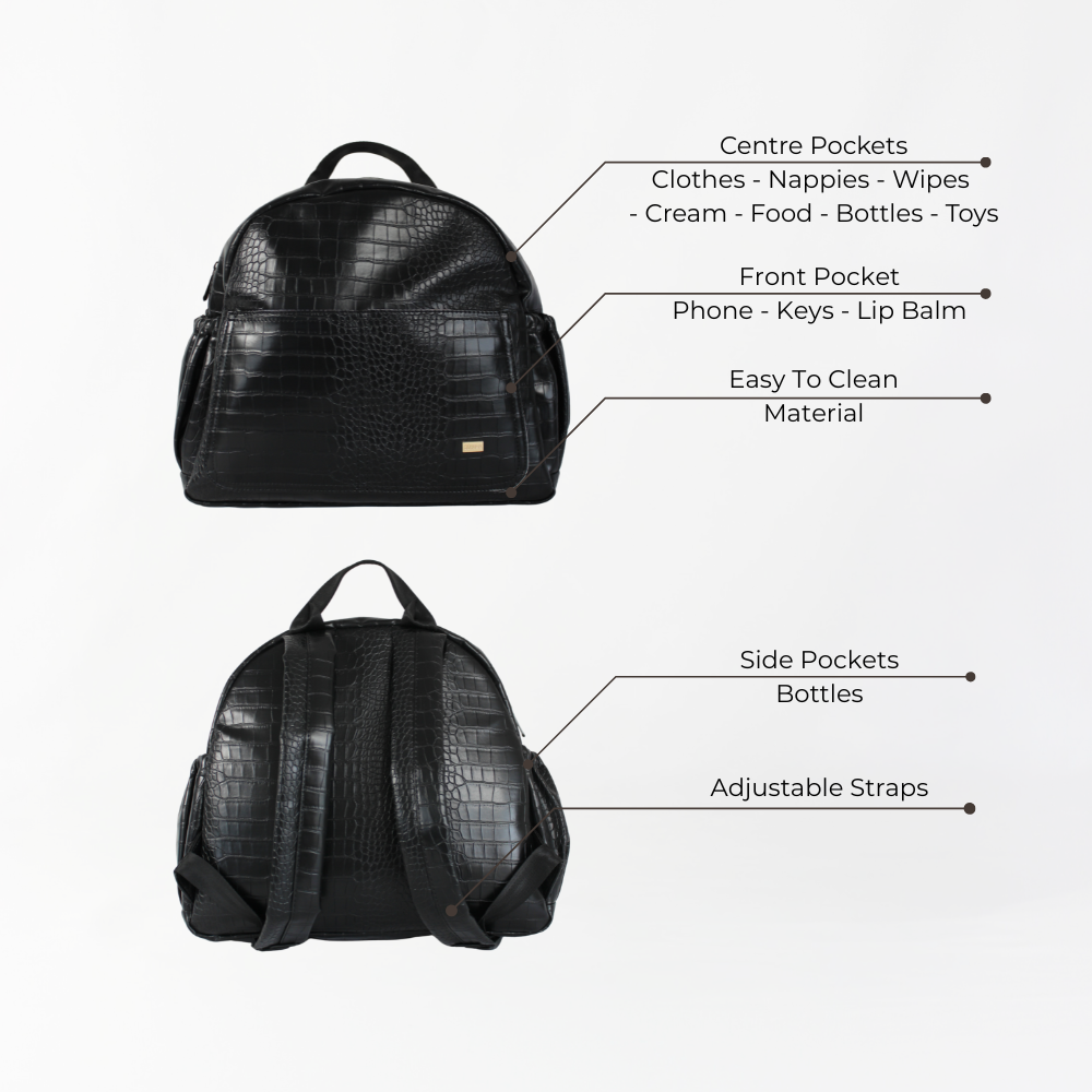 Remmii Emerson Nappy Backpack in Black Croc, features view