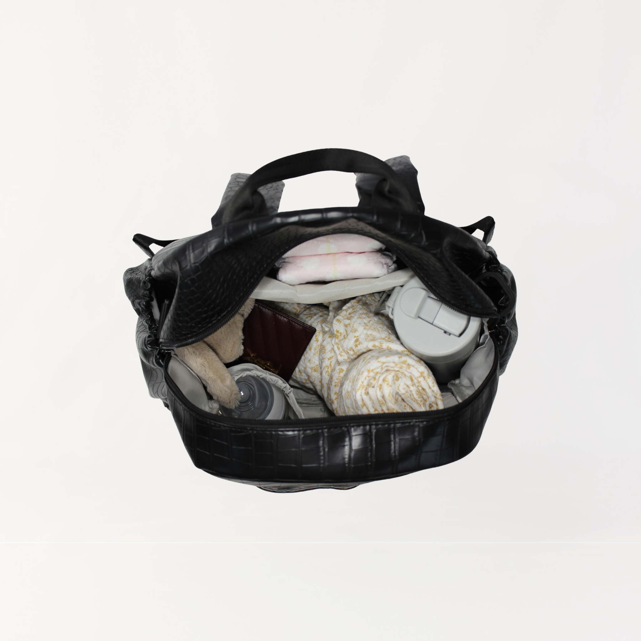 Remmii Emerson Nappy Backpack in Black Croc, Bag Is Packed Shown In Top View