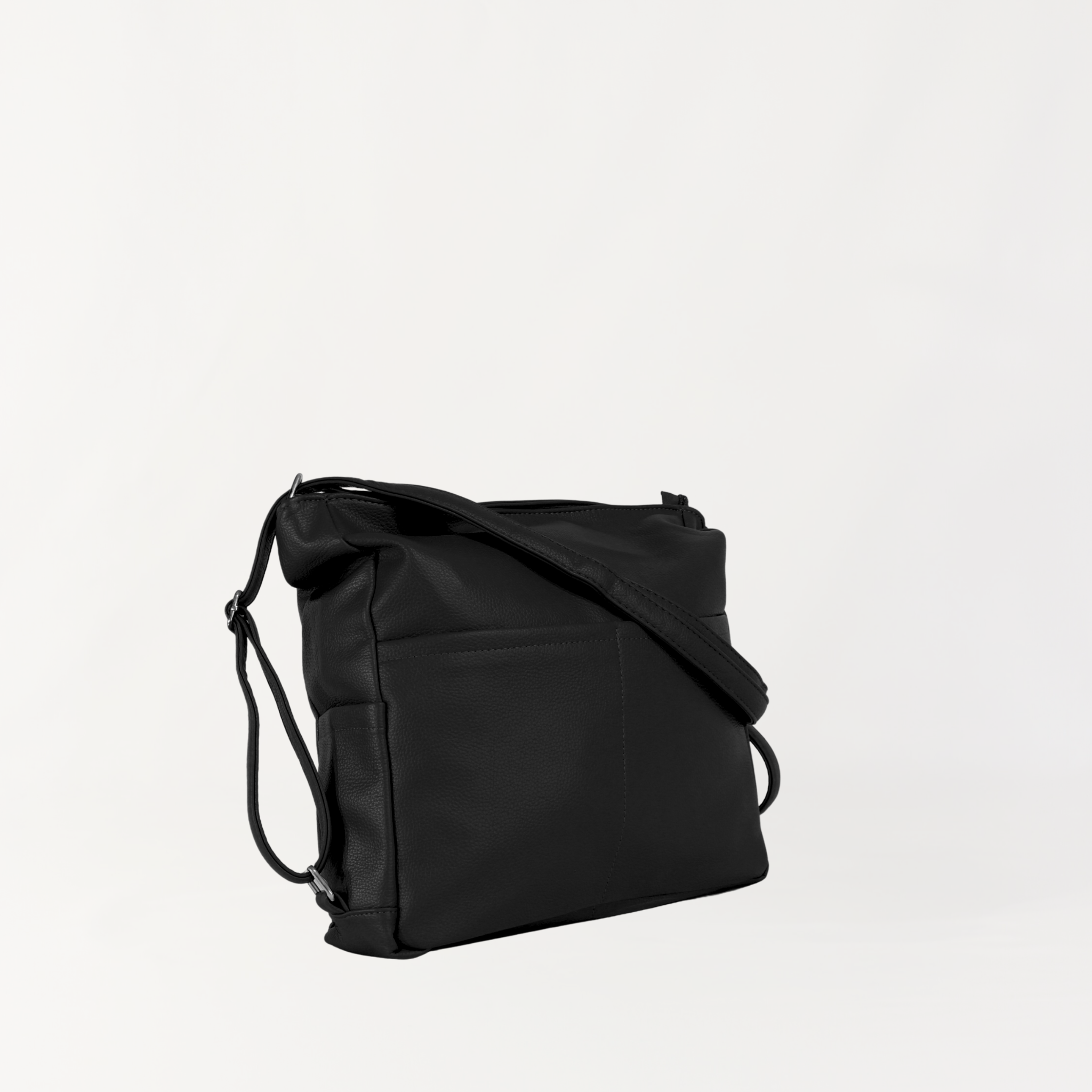 Remmii Noah Baby Tote in Black, Angled View Strap On Front