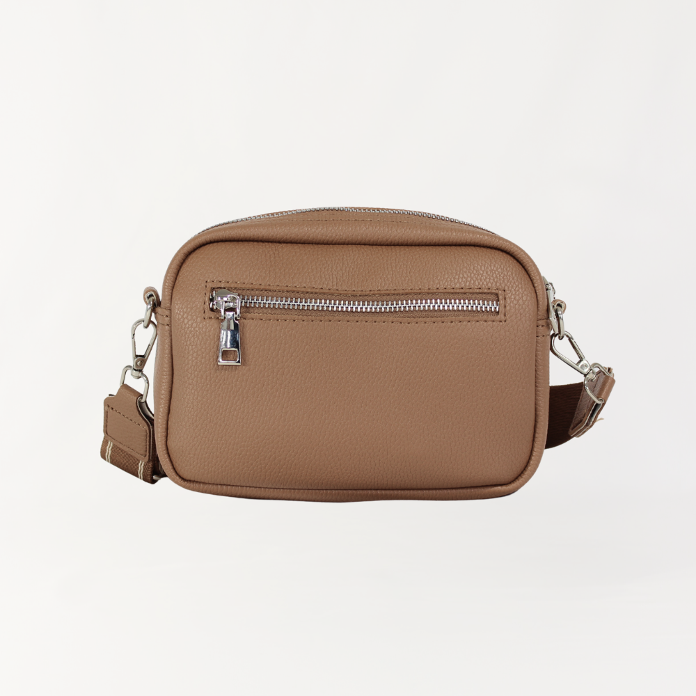 Remmii Riley Crossbody Baby Bag in Almond, Back View With Strap