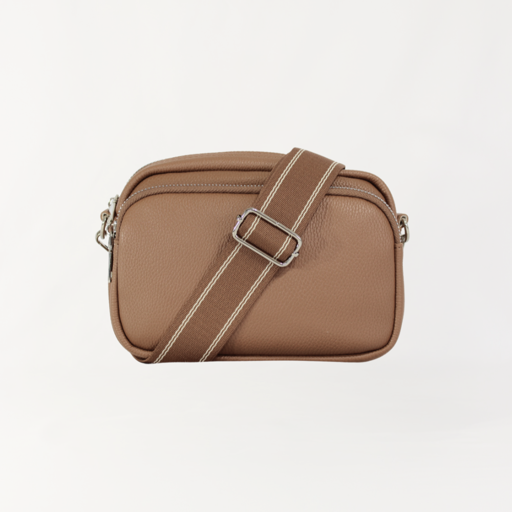 Remmii Riley Crossbody Baby Bag in Almond, Front View Strap Over Bag