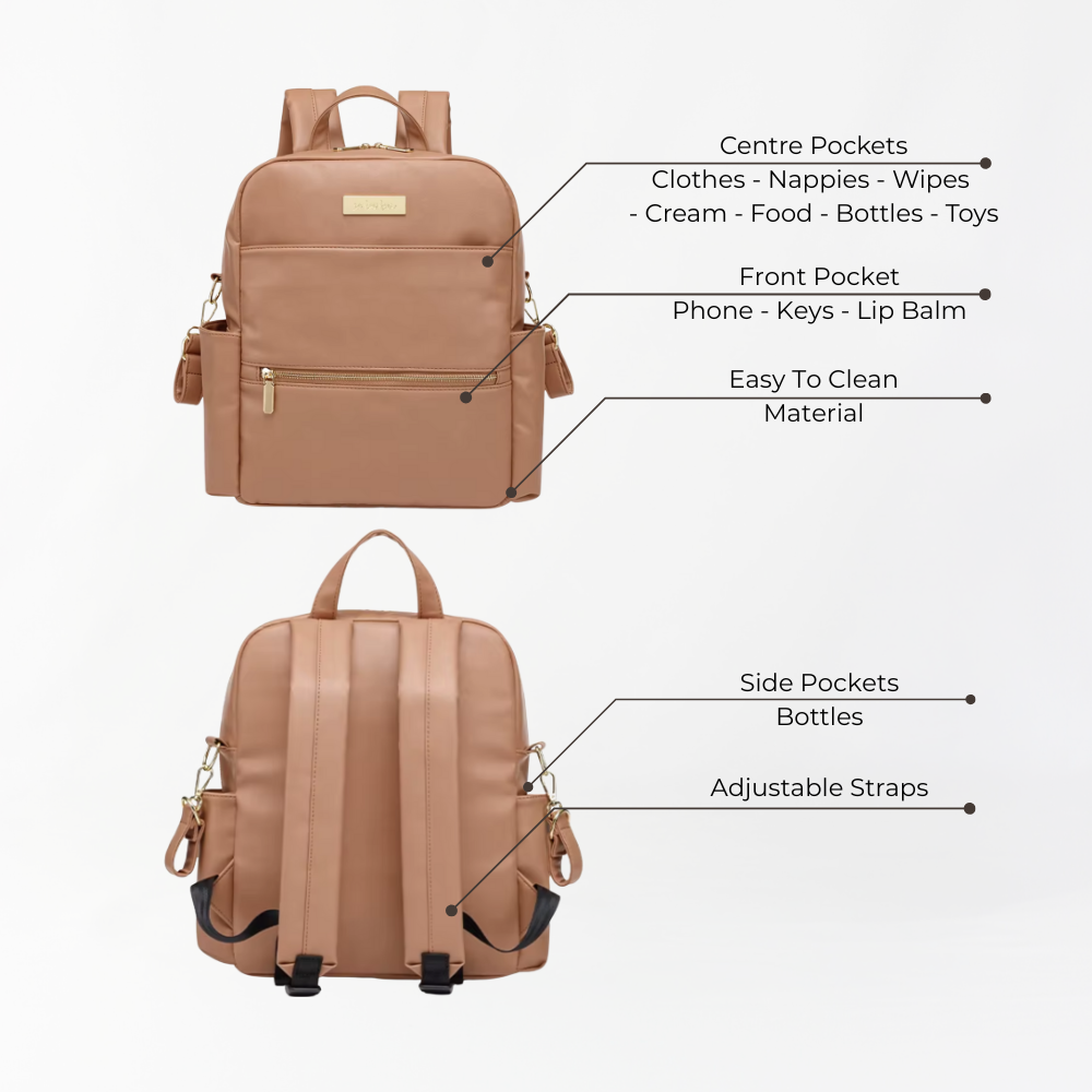 Remmii Carter Nappy Backpack in Tan, features view
