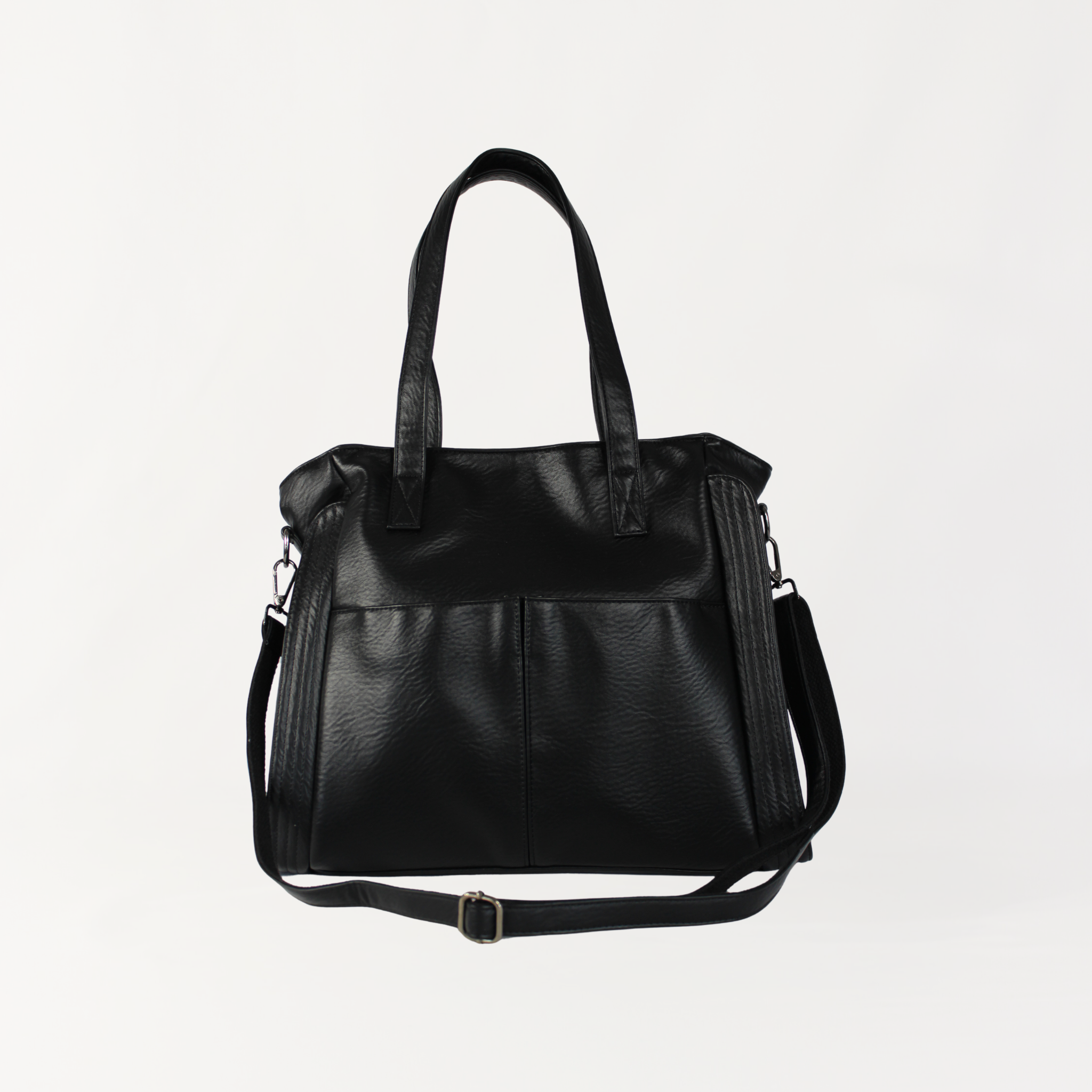 Remmii Harper Baby Tote in Black, Front View Showing Black Shoulder Strap