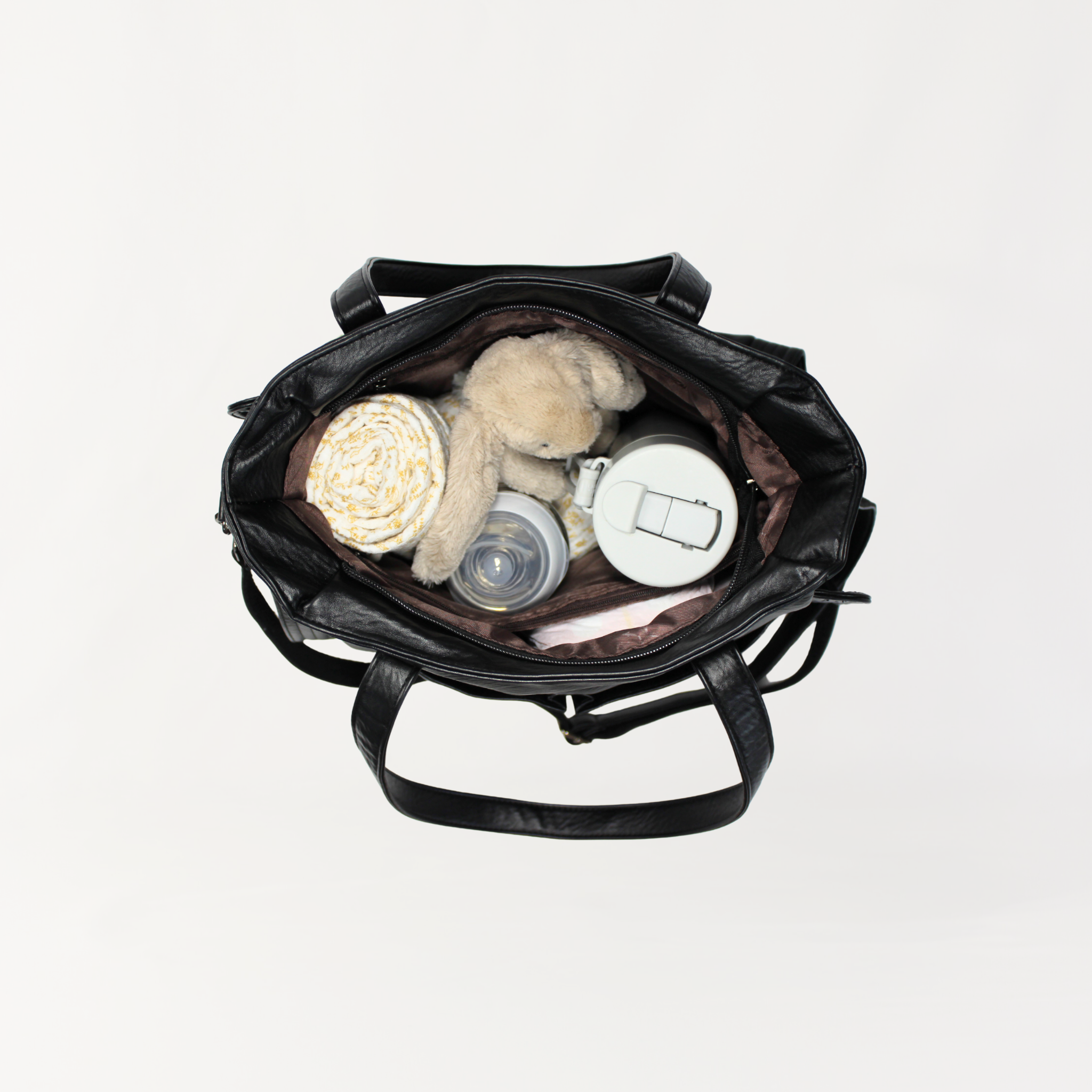 Remmii Harper Baby Tote in Black, Bag Is Packed Shown In Top View