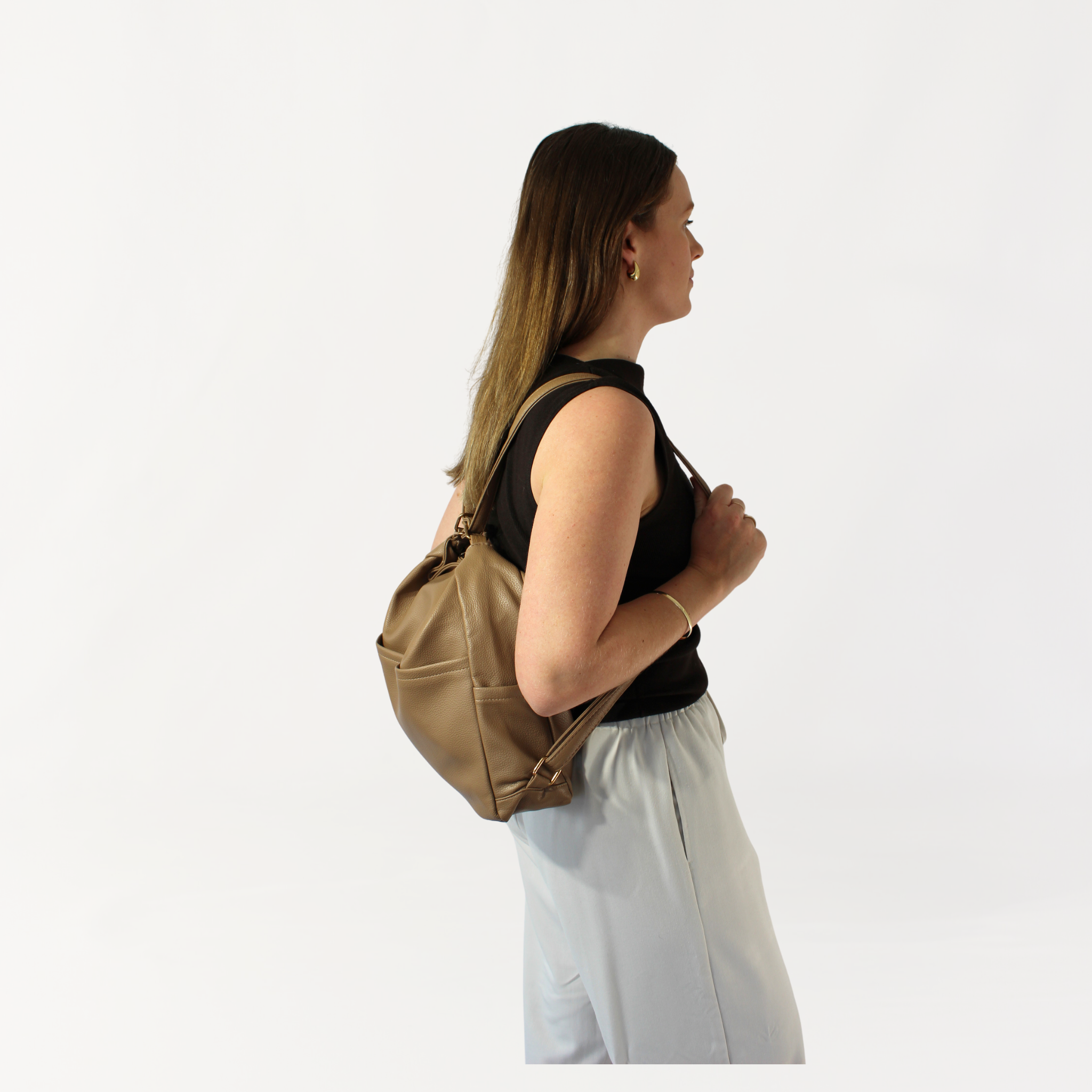 Remmii Noah Baby Tote in Tan, Being Worn As Backpack SideView