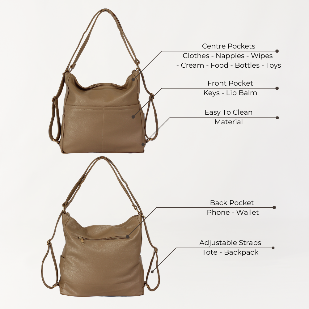 Remmii Noah Tote Baby Bag in Tan, features view