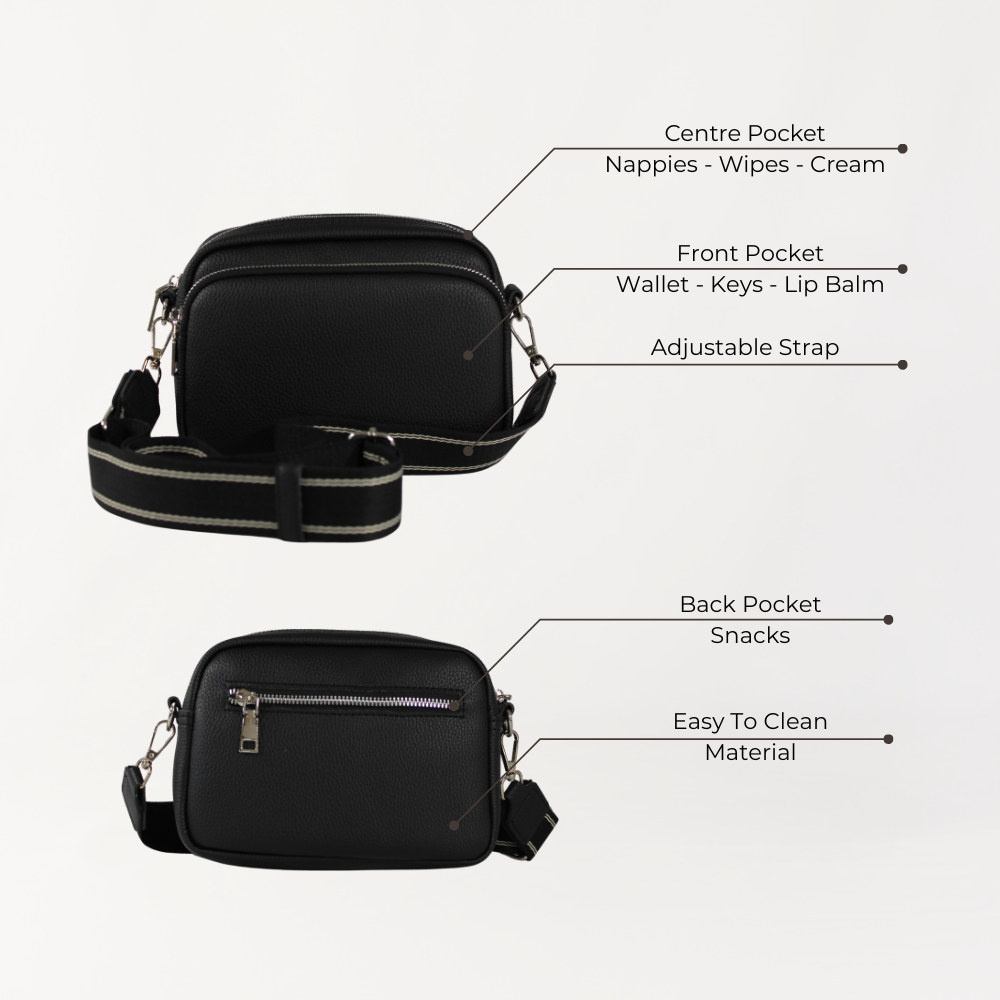 Remmii Riley Crossbody Baby Bag in Black, features view