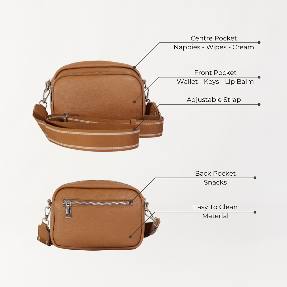 Remmii Riley Crossbody Baby Bag in Caramel, features view